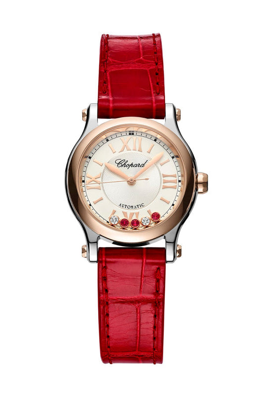 Chopard Happy Sport Stainlees steel and18K Rose Gold & Diamonds and RUBIES Ladies Watch