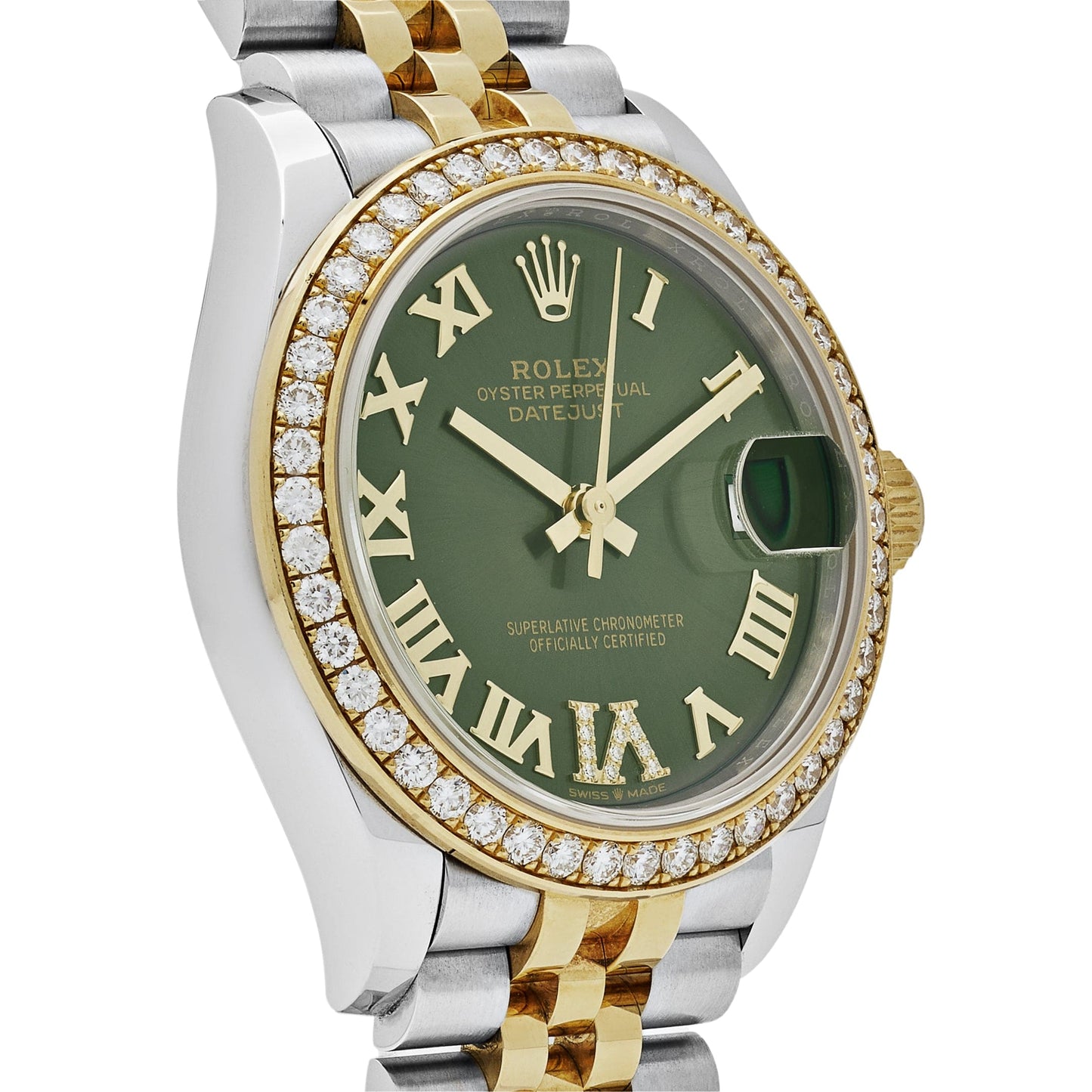 Rolex Datejust 278383RBR Two-Toned Yellow Gold Stainless Steel Green Roman Dial Diamond Bezel