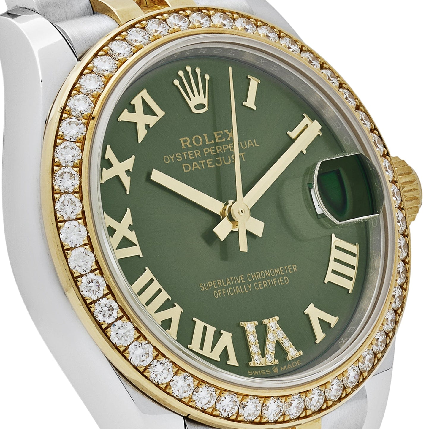 Rolex Datejust 278383RBR Two-Toned Yellow Gold Stainless Steel Green Roman Dial Diamond Bezel