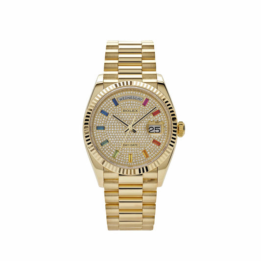 Rolex Day-Date 128238 Yellow Gold Diamond-Paved Rainbow Dial