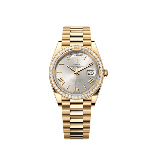 Rolex Day-Date 228348RBR Yellow Gold Diamond Bezel Silver Dial (2021)