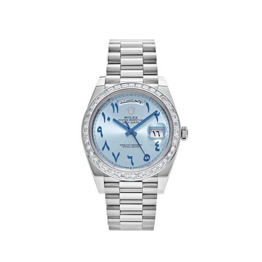 Rolex Day-Date 228396TBR Platinum Ice Blue Arabic Dial Diamond Bezel