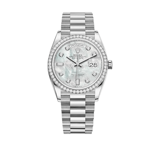 Rolex Day-Date 128349RBR White Gold Diamond Bezel Mother of Pearl Diamond Dial