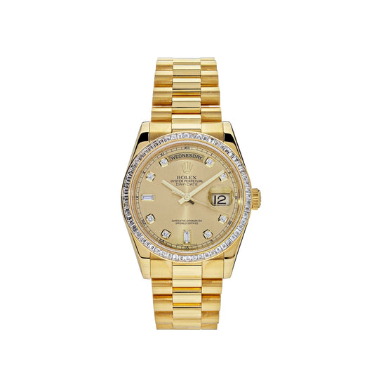 Rolex Day-Date 118398BR Yellow Gold Diamond Bezel Champagne Diamond Dial