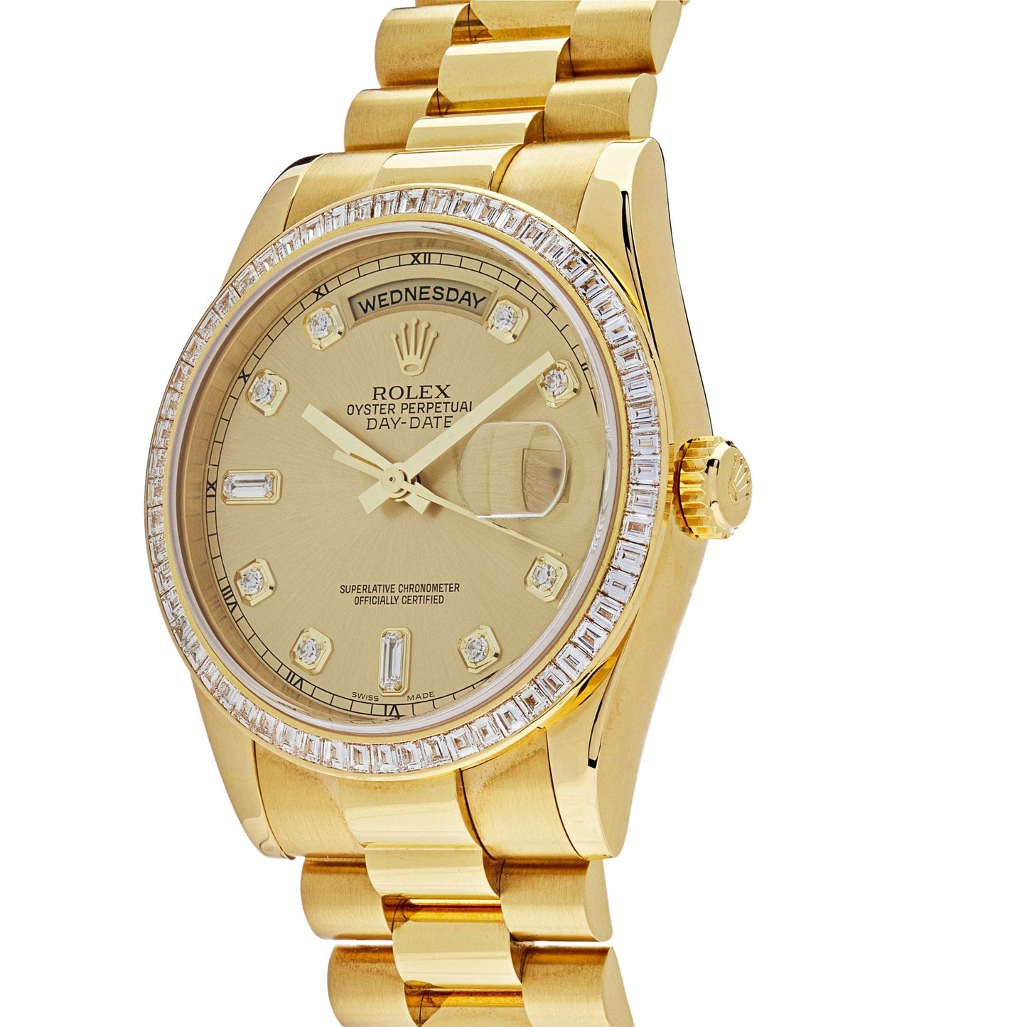 Rolex Day-Date 118398BR Yellow Gold Diamond Bezel Champagne Diamond Dial