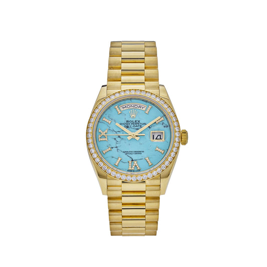 Rolex Day-Date 128348RBR Yellow Gold Diamond Bezel Turquoise Diamond Dial