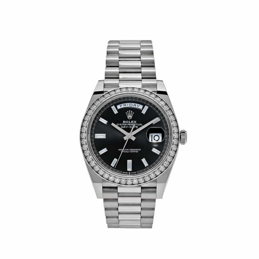 Rolex Day-Date 228349RBR White Gold Black Dial Diamond Bezel