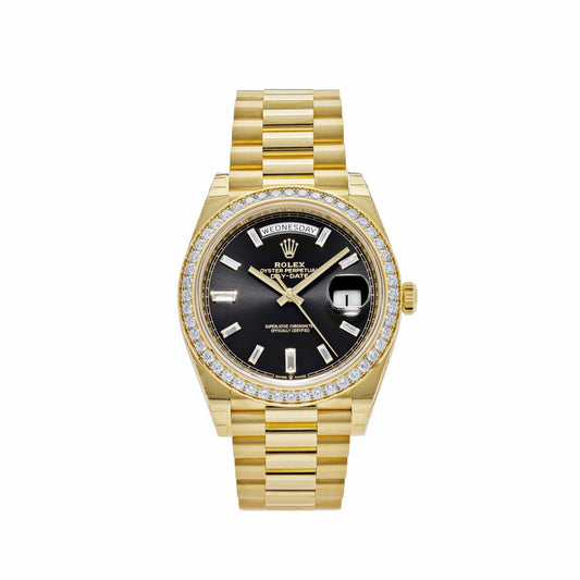 Rolex Day-Date 228348RBR Yellow Gold Black Diamond Dial Diamond Bezel